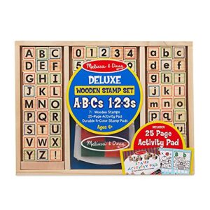 melissa & doug deluxe letters and numbers wooden stamp set abcs 123s with activity book, 4-color stamp pad - arts & crafts for kids ages 4+