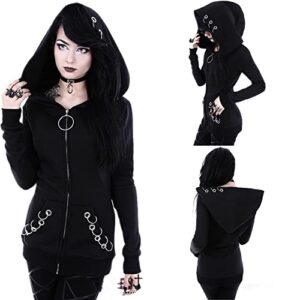 women gothic punk ring front zip up long sleeve hoodie sweatshirt jacket coat (l) black