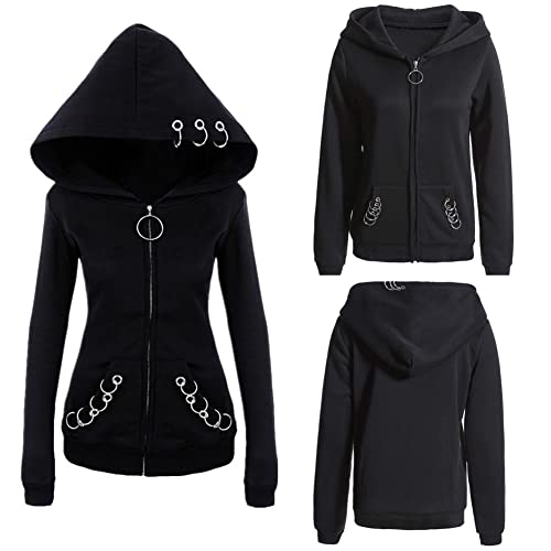 Women Gothic Punk Ring Front Zip up Long Sleeve Hoodie Sweatshirt Jacket Coat (L) Black