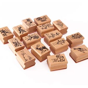 15pcs wooden rubber stamps animals and plants patterns stamps set for diy craft card scrapbooking supplies