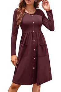 ouges womens fall long sleeve midi dresses button down v neck skater dress with pockets 2023(red,l)