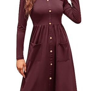 OUGES Womens Fall Long Sleeve Midi Dresses Button Down V Neck Skater Dress with Pockets 2023(Red,L)