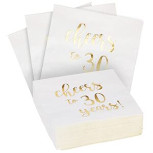 50 pack cheers to 30 years cocktail napkins for 30th birthday, anniversary party supplies, 3-ply, white and gold foil (5 x 5 in)