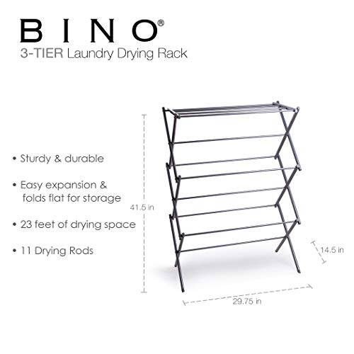 BINO | 3 Tier Foldable Drying Rack - Silver| Lightweight Steel Design, Easy Setup & Storage | Portable Steel Design | Laundry Drying Rack | Home Essential