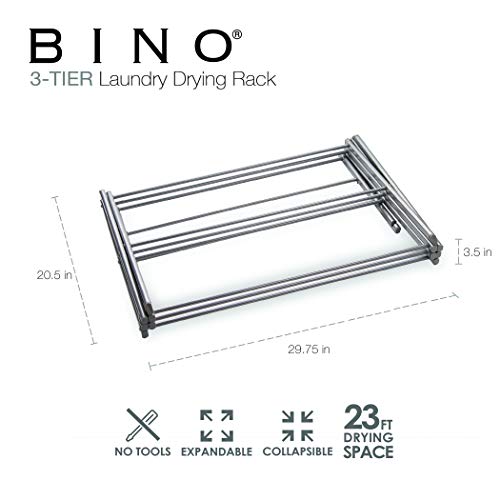 BINO | 3 Tier Foldable Drying Rack - Silver| Lightweight Steel Design, Easy Setup & Storage | Portable Steel Design | Laundry Drying Rack | Home Essential