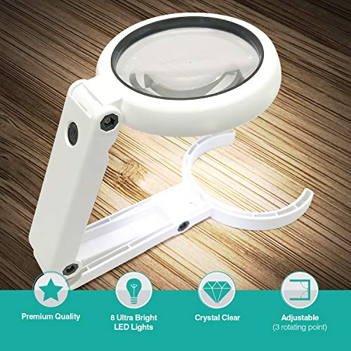 Magnifying Glass with 8 LED Lights, Handsfree Magnifier, [5X+11X] Dual Magnification Lens, Gentle & Bright Light Settings- Ideal for Reading Books, Jewlery, Coins, Craft & Hobbies…