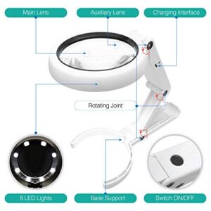 Magnifying Glass with 8 LED Lights, Handsfree Magnifier, [5X+11X] Dual Magnification Lens, Gentle & Bright Light Settings- Ideal for Reading Books, Jewlery, Coins, Craft & Hobbies…