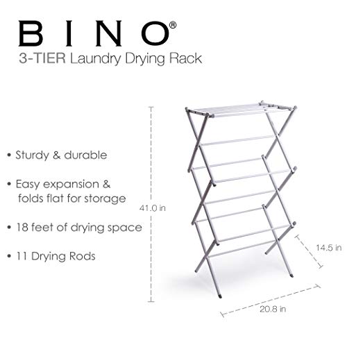 BINO 3-Tier Collapsible Drying Racks | White | Air Drying & Hanging | Foldable Portable Indoor & Outdoor | Space Saving Clothes Dryer Stand | Home Dorm Apartment Essentials