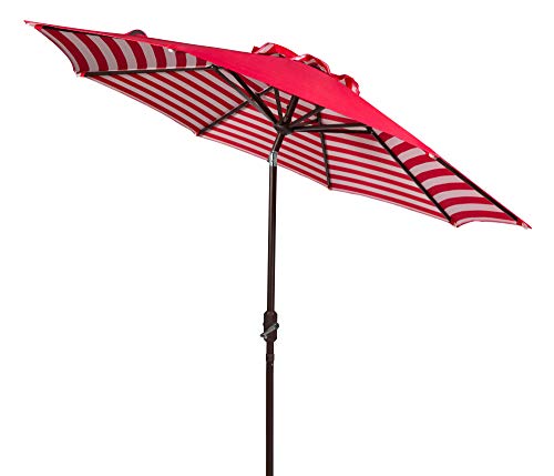 Safavieh PAT8007D Collection Athens Brown and White Inside Out Striped 9Ft Crank Outdoor Auto Tilt Umbrella