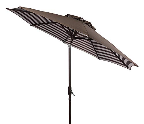 Safavieh PAT8007D Collection Athens Brown and White Inside Out Striped 9Ft Crank Outdoor Auto Tilt Umbrella