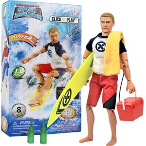 click n' play sports & adventure surfer 12" action figure play set with accessories,brown/a