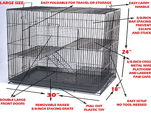 New Large 3 Levels Ferret Chinchilla Sugar Glider Rats Animal Cage, Narrow 3/8-Inch Bar Spacing (30" L x 18" W x 24" H White)