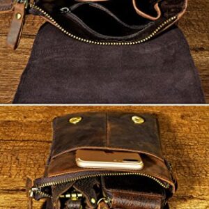 Le'aokuu Mens Genuine Leather Coffee Fanny Small Messenger Shoulder Satchel Waist Bag Pack (Dark Brown Large)