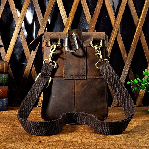 Le'aokuu Mens Genuine Leather Coffee Fanny Small Messenger Shoulder Satchel Waist Bag Pack (Dark Brown Large)