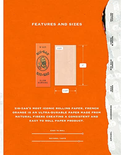 ZIG-ZAG Rolling Papers - French Orange 1 1/4 - Natural Gum Arabic - 78 MM - 32 Papers per Booklet - Choose Your Pack Size: 5, 6, 24 or 48 Booklets - Premium Quality Papers for Smooth and Even Burn (5 Packs)