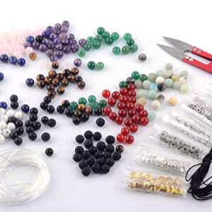 Stone Beads Box Set Kits 240pcs 8mm Round Loose Gemstone Natural Amethyst Lava Stone Amazonlite Assorted Color with Accessories Tools for Bracelet Jewelry Making (Stone Beads Kits)