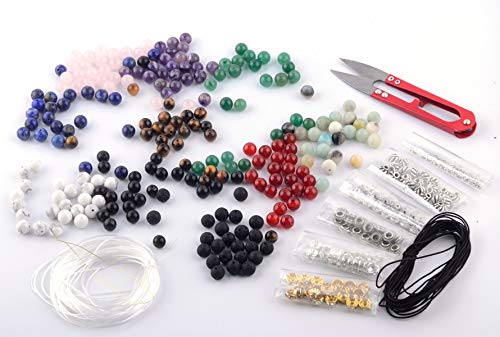 Stone Beads Box Set Kits 240pcs 8mm Round Loose Gemstone Natural Amethyst Lava Stone Amazonlite Assorted Color with Accessories Tools for Bracelet Jewelry Making (Stone Beads Kits)