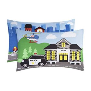 EVERYDAY KIDS 4 Piece Toddler Bedding Set -Fire and Police Rescue- Includes Comforter, Flat Sheet, Fitted Sheet and Reversible Pillowcase