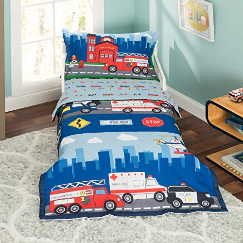 EVERYDAY KIDS 4 Piece Toddler Bedding Set -Fire and Police Rescue- Includes Comforter, Flat Sheet, Fitted Sheet and Reversible Pillowcase