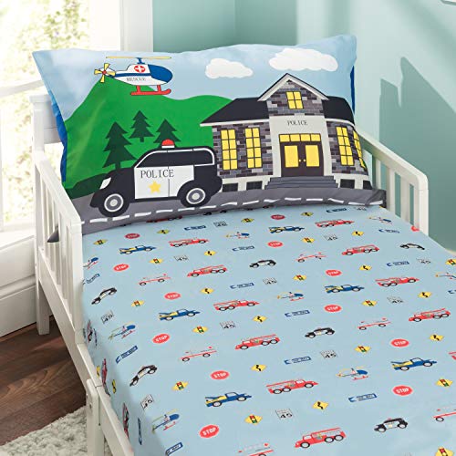 EVERYDAY KIDS 4 Piece Toddler Bedding Set -Fire and Police Rescue- Includes Comforter, Flat Sheet, Fitted Sheet and Reversible Pillowcase