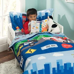 EVERYDAY KIDS 4 Piece Toddler Bedding Set -Fire and Police Rescue- Includes Comforter, Flat Sheet, Fitted Sheet and Reversible Pillowcase