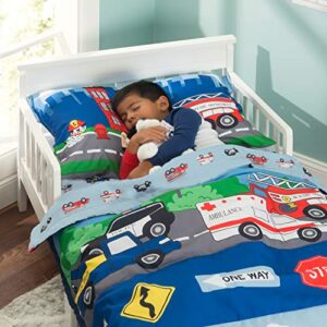 EVERYDAY KIDS 4 Piece Toddler Bedding Set -Fire and Police Rescue- Includes Comforter, Flat Sheet, Fitted Sheet and Reversible Pillowcase