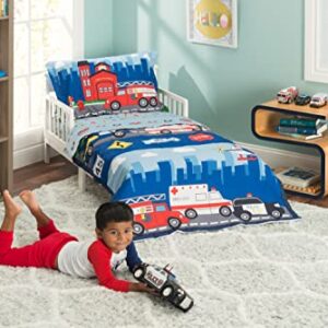 EVERYDAY KIDS 4 Piece Toddler Bedding Set -Fire and Police Rescue- Includes Comforter, Flat Sheet, Fitted Sheet and Reversible Pillowcase