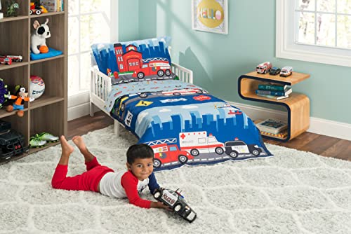 EVERYDAY KIDS 4 Piece Toddler Bedding Set -Fire and Police Rescue- Includes Comforter, Flat Sheet, Fitted Sheet and Reversible Pillowcase