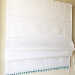 LOGANOVA Flat Faux Linen Roman Shade. White With Baby Blue Pom Pom Trim and Chain Mechanism - Custom Shade