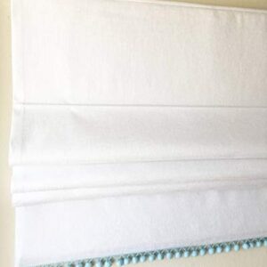 LOGANOVA Flat Faux Linen Roman Shade. White With Baby Blue Pom Pom Trim and Chain Mechanism - Custom Shade