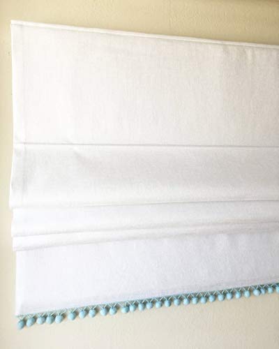 LOGANOVA Flat Faux Linen Roman Shade. White With Baby Blue Pom Pom Trim and Chain Mechanism - Custom Shade