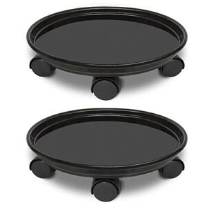 jznova 2 pack of 14 inch plant pallet caddy with 5 wheels, round flower pot mover, indoor rolling planter dolly on wheels, outdoor planter trolley tray coaster, black