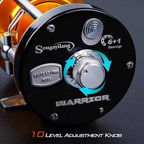 Sougayilang Fishing reels Round Baitcasting Reel - Conventional Reel - Reinforced Metal Body & Supreme Star Drag-Right Hand-Golden-Black-Warrior 5000