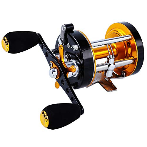 Sougayilang Fishing reels Round Baitcasting Reel - Conventional Reel - Reinforced Metal Body & Supreme Star Drag-Right Hand-Golden-Black-Warrior 5000