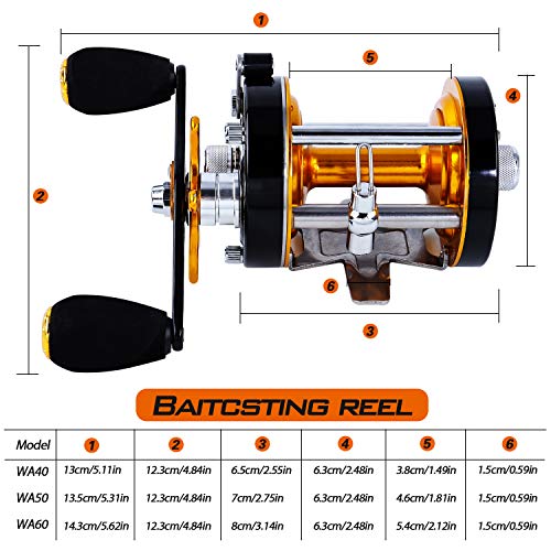 Sougayilang Fishing reels Round Baitcasting Reel - Conventional Reel - Reinforced Metal Body & Supreme Star Drag-Right Hand-Golden-Black-Warrior 5000