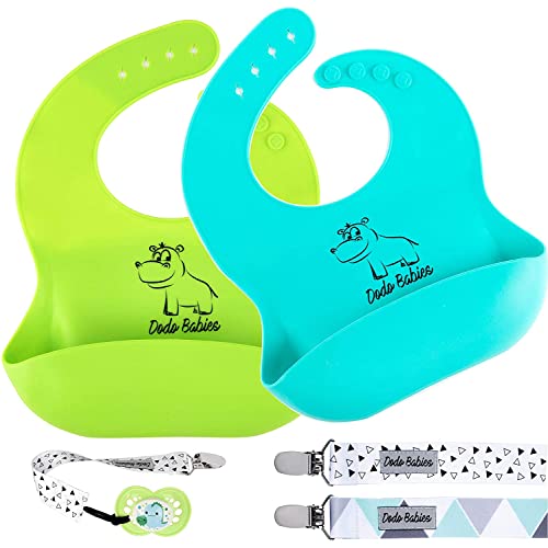 Dodo Babies Silicone Bib Set - 2 Soft, BPA-Free Food-Grade Silicone Bibs in Blue & Green - Easy-Clean, Wide Food Pockets, Adjustable Straps for Babies and Toddlers - Two Bonus Universal Pacifier Clips