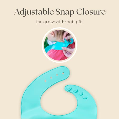 Dodo Babies Silicone Bib Set - 2 Soft, BPA-Free Food-Grade Silicone Bibs in Blue & Green - Easy-Clean, Wide Food Pockets, Adjustable Straps for Babies and Toddlers - Two Bonus Universal Pacifier Clips