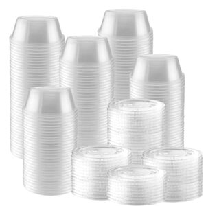 nyhi 100-pack jello shot cups with lids - 2 ounce clear plastic containers with leak-proof lids -jello shooter shot cups -compact food storage for portion control, 2 oz,sauces, liquid, dips