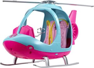barbie helicopter with spinning rotors, pink and blue 2-seater design with seatbelts and pilot "controls" (amazon exclusive)