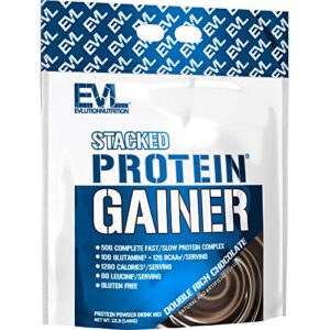 evlution nutrition stacked protein gainer, whey protein powder complex, 50 grams protein, 250 grams carbohydrates, build muscle, recovery, post workout, gluten-free (double rich chocolate, 12 lb)