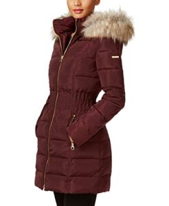 laundry by shelli segal women's 3/4 length windproof down coat with cinched waist, sangria, large