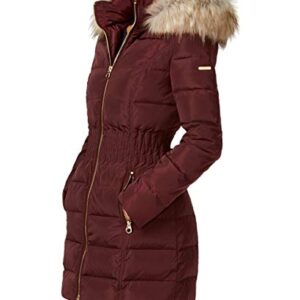 LAUNDRY BY SHELLI SEGAL Women's 3/4 Length Windproof Down Coat with Cinched Waist, Sangria, Large