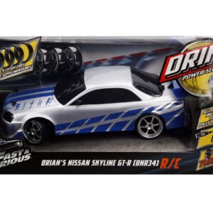 Jada Toys Fast & Furious Brian's Nissan Skyline GT-R (BN34) Drift Power Slide RC Radio Remote Control Toy Race Car with Extra Tires, 1:10 Scale, Silver/Blue (99701)