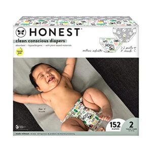 the honest company clean conscious diapers | plant-based, sustainable | pandas + barnyard babies | super club box, size 2 (12-18 lbs), 152 count