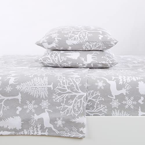 Great Bay Home Bed Linen Set, 4 Piece, Turkish Cotton Queen Winter Flannel Sheet Set, Deep Pocket Fitted Sheet, Soft Sheets, Warm Lodge Bed Sheets, Anti-Pill Flannel Sheets, Enchanted Woods-Grey