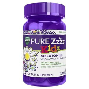 vicks pure zzzs kidz, melatonin sleep aid gummies for kids and children, helps your child fall asleep naturally, low dose melatonin, berry flavored, 48 gummies