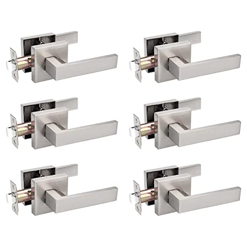 Probrico 6 Pack Square Door Lever Door Lock Handle Lockset Keyless Doorknobs Passage Knobs Lockset Interior Hallway Passage Closet in Satin Nickel