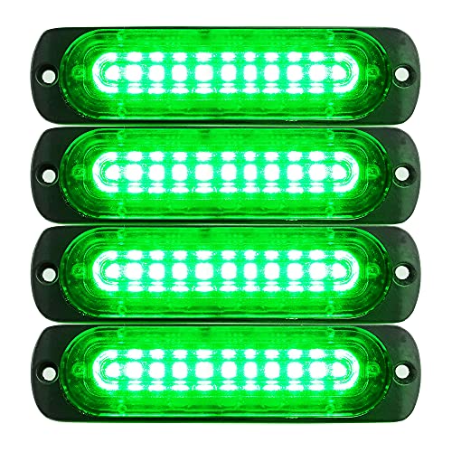 Primelux Strobe Lights for Trucks Green 4.4-Inch Emergency Lights for Vehicles and Cars 10 LED Ultra Slim Strobe LED Lighthead External Emergency Grille Surface Mounting Lights (4-Pack)