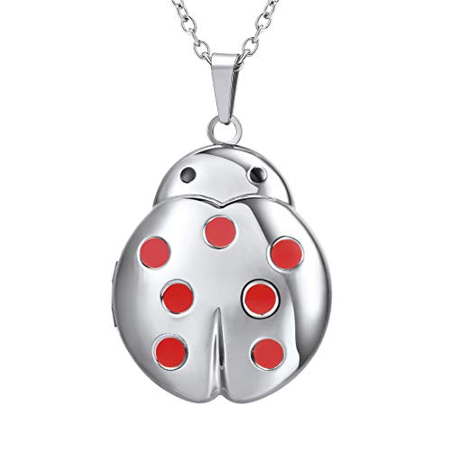 U7 Flying Ladybug Pendant Red Enamel Stainless Steel Unique Animal Shape Photo Locket Pendant Necklace for Women Girls