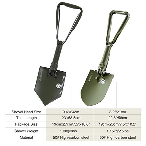 REDCAMP Military Folding Camping Shovel，High Carbon Steel Entrenching Tool Tri-fold Handle Shovel with Cover，Green 2.5lbs